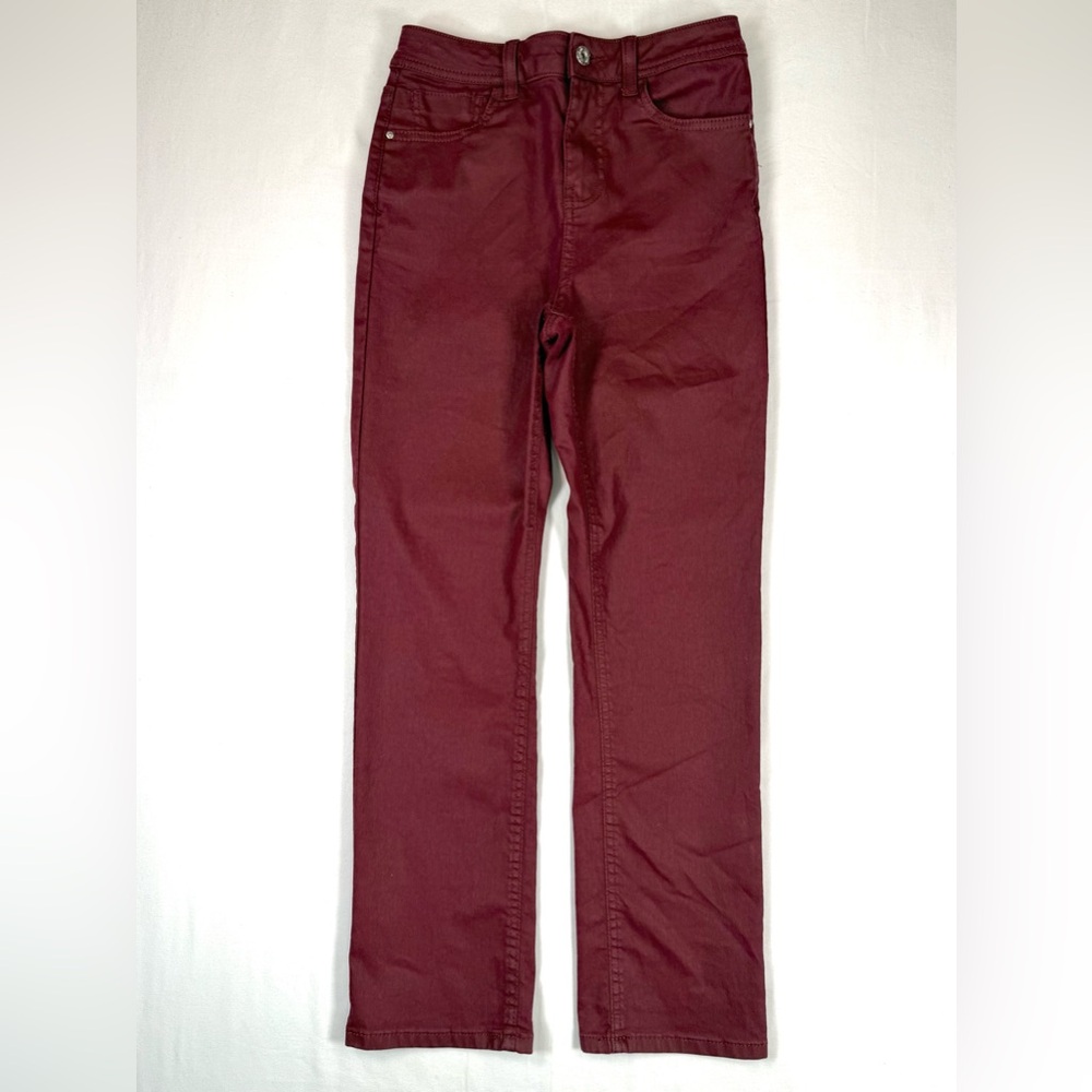 ZARA Womens Jeans 4 Burgundy Waxed Coated Denim Straight High Rise Pants Chic